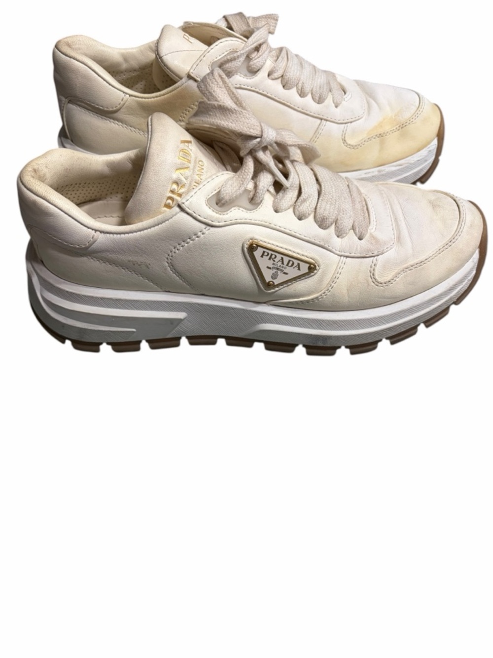 Prada Women’s Cream and Gold Leather Platform Sneakers - Picture 2 of 13